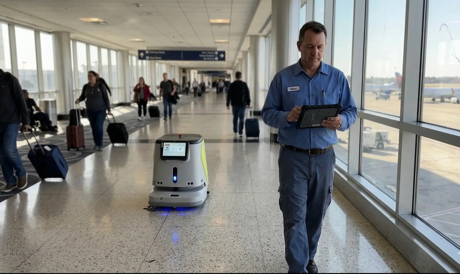 A facilities technician checking a tablet as a commercial cleaning robot runs alongside him down an airport concourse