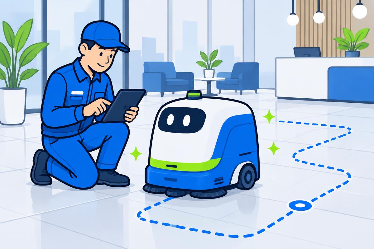Illustration of a technician configuring a RoboSmart cleaning robot with a tablet, its cleaning route mapped on the floor