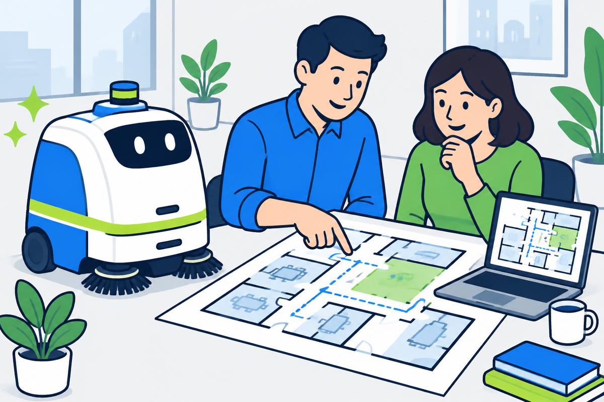 Illustration of two people reviewing a floor plan and laptop next to a RoboSmart cleaning robot