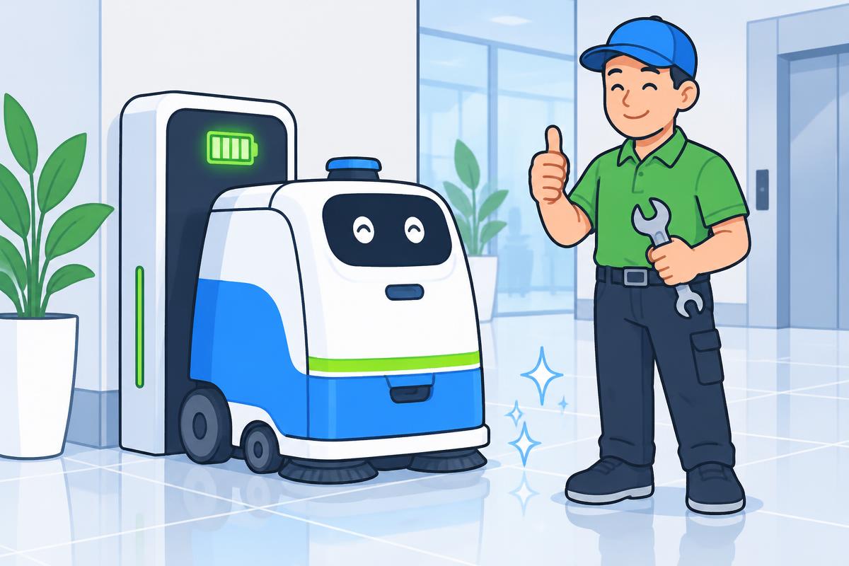Illustration of a RoboSmart robot docked at its charger while a support technician gives a thumbs up