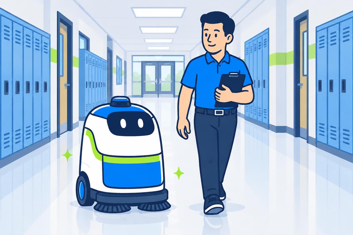 Illustration of a facilities manager with a clipboard walking a school hallway beside a RoboSmart cleaning robot